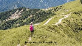  Presentation with mountain climbing - Beautiful presentation design featuring rear view of asian mountain climbing woman walking at a path in hehuan mountain taiwan backdrop and a yellow colored foreground