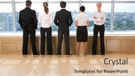  Presentation with group - Beautiful theme featuring rear view of business group backdrop and a coral colored foreground