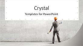  Presentation with blank - Slide deck enhanced with rear view of businessman fixing white blank banner with hammer background and a white colored foreground