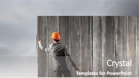  Presentation with blank - PPT theme consisting of rear view of businessman fixing white blank banner with hammer background and a gray colored foreground