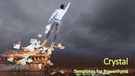  Presentation with superhero - Presentation design having rear view of businessman superhero flying up in sky background and a tawny brown colored foreground