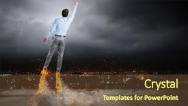  Presentation with superhero - Presentation design with rear view of businessman superhero flying up in sky background and a tawny brown colored foreground