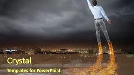  Presentation with superhero - PPT theme having rear view of businessman superhero flying up in sky background and a tawny brown colored foreground