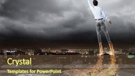  Presentation with superhero - PPT theme featuring rear view of businessman superhero flying up in sky background and a tawny brown colored foreground