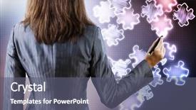  Presentation with elements - Theme featuring rear view of businesswoman drawing puzzle elements background and a gray colored foreground