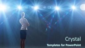  Presentation with stage lights - Beautiful PPT theme featuring rear view of businesswoman standing in lights of stage backdrop and a tawny brown colored foreground
