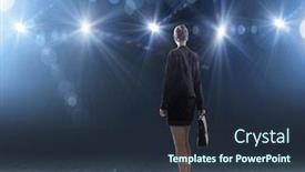  Presentation with stage lights - PPT theme consisting of rear view of businesswoman standing in lights of stage background and a tawny brown colored foreground