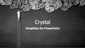  Presentation with mechanism - Colorful slide deck enhanced with rear view of businesswoman standing on top of ladder and reaching gears mechanism backdrop and a dark gray colored foreground