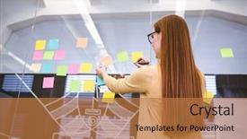 Presentation with creative writing - PPT layouts having rear view of businesswoman writing on multi colored sticky notes on glass in creative office background and a coral colored foreground