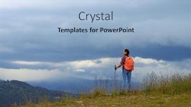  Presentation with hiking mountain - Cool new PPT layouts with rear view of cheerful female standing on mountain with hiking poles backdrop and a light blue colored foreground