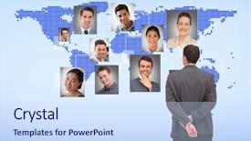  Presentation with classy - Slide deck enhanced with rear view of classy businessman posing against blue background background and a sky blue colored foreground