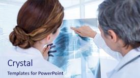  Presentation with hospital communication - PPT theme featuring rear view of concentrated medical background and a sky blue colored foreground