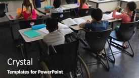  Presentation with school desk - Beautiful slide deck featuring rear-view-of-disable-schoolboy backdrop and a dark gray colored foreground