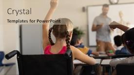  Presentation with elementary - Audience pleasing PPT layouts consisting of rear-view-of-disable-schoolgirl backdrop and a soft green colored foreground