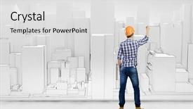  Presentation with project - Slide set with rear view of engineer drawing project of business district background and a light gray colored foreground