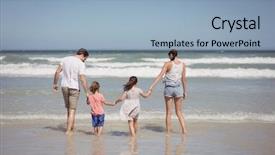  Presentation with family holding hands - Presentation theme featuring rear view of family holding hands on shore at beach background and a light blue colored foreground