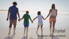  Presentation with holding hands family walking - Cool new PPT theme with rear view of family holding hands while walking together on shore at beach during sunny day backdrop and a light gray colored foreground