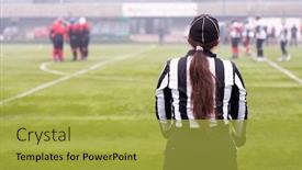  Presentation with football referee - Presentation design featuring rear view of female american football referee giving signals to professional players during match on the stadium field background and a yellow colored foreground