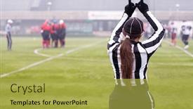  Presentation with football referee - Cool new PPT theme with rear view of female american football referee giving signals to professional players during match on the stadium field backdrop and a yellow colored foreground