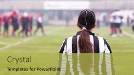  Presentation with football referee - Amazing presentation design having rear view of female american football referee giving signals to professional players during match on the stadium field backdrop and a yellow colored foreground
