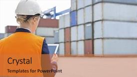  Presentation with shipping - Theme featuring rear view of female engineer using digital tablet in shipping yard background and a gold colored foreground