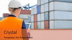  Presentation with shipping - Presentation design with rear view of female engineer using digital tablet in shipping yard background and a gold colored foreground