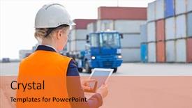  Presentation with shipping - Slide set having rear view of female engineer background and a gold colored foreground