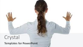  Presentation with executive - Slides featuring rear view of female executive gesturing against white background background and a light gray colored foreground