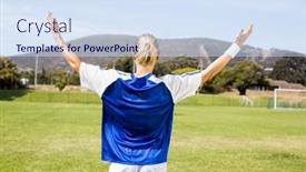  Presentation with football field - PPT theme having rear view of female football player posing after a victory on football field background and a sky blue colored foreground