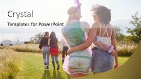  Presentation with outdoor festival - Presentation design consisting of rear view of female friends walking back to tent after outdoor music festival background and a cream colored foreground