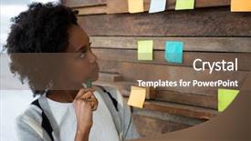  Presentation with sticky notes - Cool new slides with rear view of female graphic designer pointing at sticky notes backdrop and a violet colored foreground