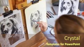  Presentation with charcoal - Cool new PPT theme with rear view of female teenage artist sitting at easel drawing picture of dog from photograph in charcoal backdrop and a tawny brown colored foreground