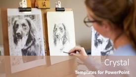  Presentation with charcoal - Slides enhanced with rear view of female teenage artist sitting at easel drawing picture of dog from photograph in charcoal background and a coral colored foreground