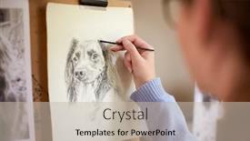  Presentation with charcoal - Beautiful theme featuring rear view of female teenage artist sitting at easel drawing picture of dog from photograph in charcoal backdrop and a mint green colored foreground