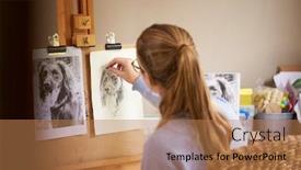 Presentation with charcoal - Colorful PPT theme enhanced with rear view of female teenage artist sitting at easel drawing picture of dog from photograph in charcoal backdrop and a coral colored foreground