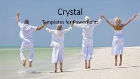  Presentation with two people holding hands - Amazing presentation theme having rear view of four people backdrop and a light blue colored foreground