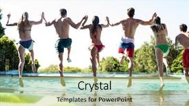  Presentation with swimming - Audience pleasing slides consisting of rear view of friends jumping backdrop and a yellow colored foreground