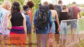  Presentation with music festival - Amazing presentation having rear view of friends at entrance to music festival walking through security barriers backdrop and a red colored foreground