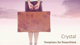  Presentation with blue orange - Amazing PPT theme having rear view of hipster woman holding suitcase against beautiful orange and blue sky backdrop and a cream colored foreground