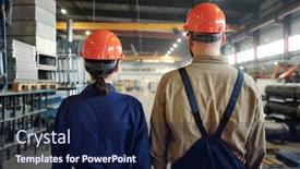  Presentation with industrial workers - Presentation design consisting of rear-view-of-industrial-workers background and a navy blue colored foreground