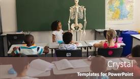  Presentation with elementary school - Presentation design with rear-view-of-little-schoolgirl background and a violet colored foreground