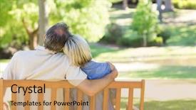  Presentation with relaxing - Cool new PPT theme with rear view of loving couple relaxing on park bench backdrop and a coral colored foreground