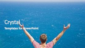  Presentation with tourist - Beautiful presentation theme featuring rear view of male tourist standing with raised hands and enjoying gorgeous view of vast ocean backdrop and a teal colored foreground