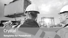  Presentation with shipping - PPT layouts featuring rear view of male workers discussing in shipping yard background and a gray colored foreground