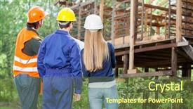  Presentation with cabin - Presentation featuring rear view of male and female engineers examining incomplete wooden cabin at construction site background and a tawny brown colored foreground