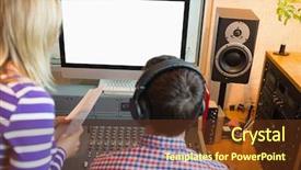  Presentation with radio - Presentation design featuring rear view of male and female radio hosts in studio background and a tawny brown colored foreground