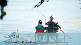 Presentation with weekend - PPT theme having rear view of man and his son sitting in front of water and fishing together at summer weekend background and a light blue colored foreground