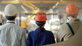  Presentation with machines - Presentation theme featuring rear-view-of-manufacturing-employees background and a coral colored foreground