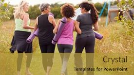 Presentation with retreat - Slide set enhanced with rear view of mature female friends on outdoor yoga retreat walking along path through campsite background and a gold colored foreground