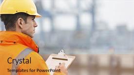  Presentation with shipping - Slides featuring rear view of mid adult man writing on clipboard in shipping yard background and a gold colored foreground